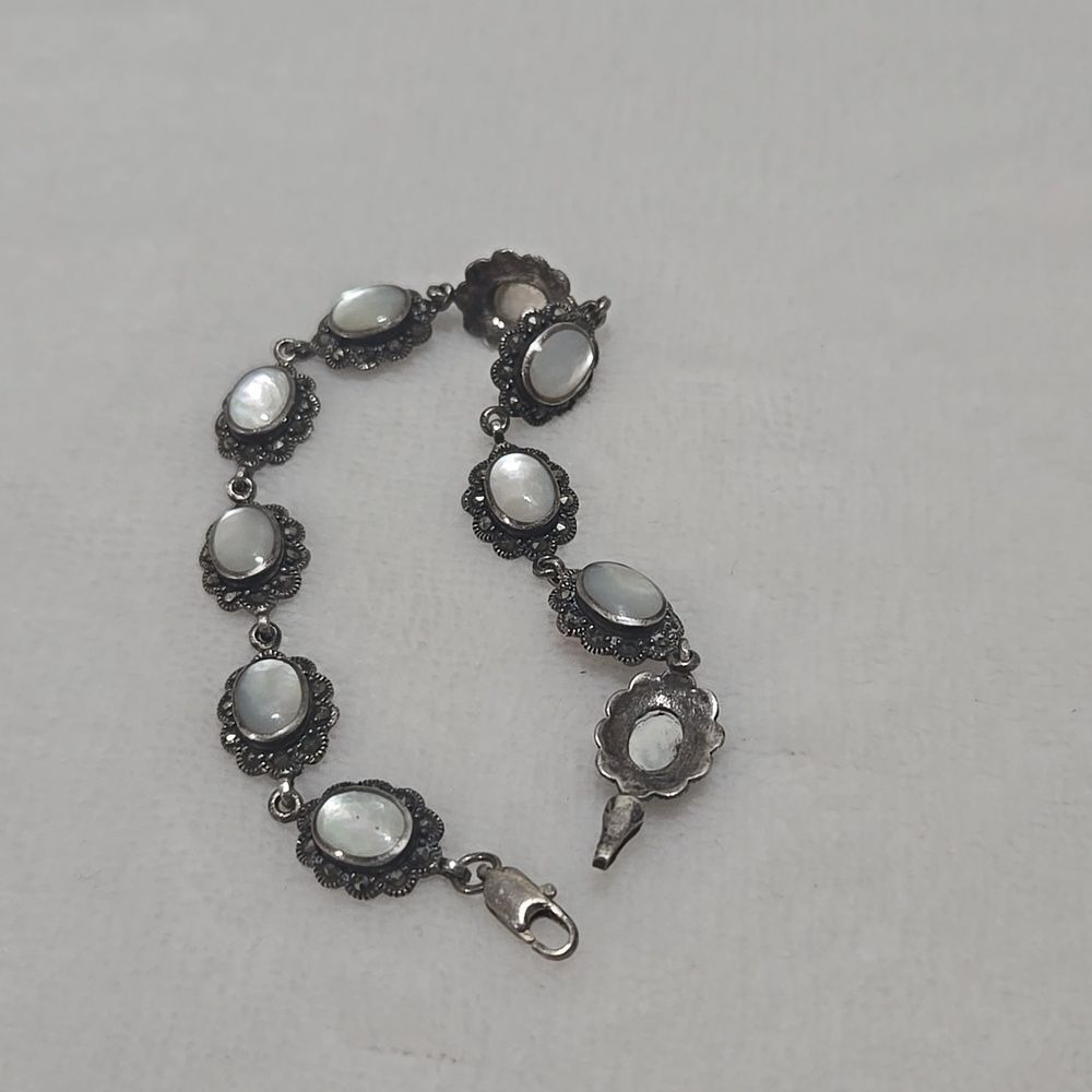 Art Deco Sterling Silver Moonstone And Marcasite Bracelet - Picture 3 of 8